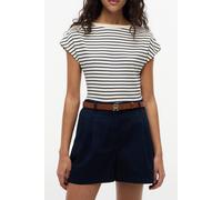 Kurzarmshirt TOMMY HILFIGER "GOLD BTN CAP-SLV BOAT-NK TEE", Damen, Gr. XL (46), breton stp calico, schwarz night navy, Single Jersey, Obermaterial: 100% Baumwolle, gestreift, regular fit normal, U-Boo