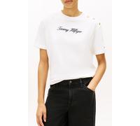 Kurzarmshirt TOMMY HILFIGER "GOLD BTN SCRIPT MDRN SS TEE", Damen, Gr. XS (34), ecru, Single Jersey, Obermaterial: 100% Baumwolle, bedruckt, regular fit, Rundhals, Shirts, mit goldfarbenen Knöpfen (209