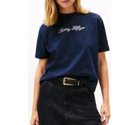 Kurzarmshirt TOMMY HILFIGER "GOLD BTN SCRIPT MDRN SS TEE", Damen, Gr. M (38), schwarz night navy, Single Jersey, Obermaterial: 100% Baumwolle, bedruckt, regular fit, Rundhals, Shirts, mit goldfarbenen