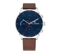 Tommy Hilfiger Herren Analoge Multifunktions-Quarz-Uhr - Braunes Lederarmband, 44mm Marineblaues Zifferblatt, 3-Zeiger-Werk, Wasserbeständig bis 5ATM - 1791487
