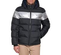 Tommy Hilfiger Herren Down Alternative Hooded Puffer Jacket (Standard and Big & Tall) Daunenalternativer Mantel, Schwarz-silberfarbene Streifen, XXL