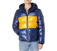 Tommy Hilfiger Herren Hooded Puffer Jacket (Standard and Big & Tall) Daunenalternativer Mantel, Perlglanz, Marineblau/Gelb, M