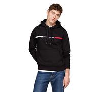 Tommy Hilfiger Herren Mittelschweres Fleece-Kapuzen-Sweatshirt mit Charakteristischem Streifen-Logo Kapuzenpullover, Schwarz, X-Large