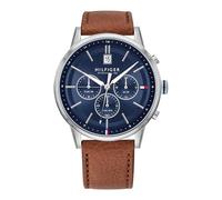 Tommy Hilfiger Herren Multifunktions-Quarzuhr mit 44 mm - Marineblaues Zifferblatt, Heller Braun Lederarmband, 3 Unterzifferblätter, Wasserfest bis 5ATM - 1791629