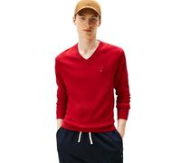 Tommy Hilfiger Herren-Pullover, Baumwolle, einfarbig, V-Ausschnitt, Leichter Pullover, Mittelrot, Klein
