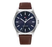 Tommy Hilfiger Bruce Herren-Armbanduhr, Blau und Braun, analog, Edelstahl und Leder, 43 mm, wasserdicht bis 3 ATM, Dornschließe, silber