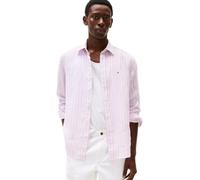 Tommy Hilfiger Herrenhemden mit Langen Ärmeln, aus Leinen, mit Knopfleiste in normaler Passform, Klassisches Rosa/Streifen, Mittel