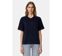 Strickpullover TOMMY HILFIGER "CO JERSEY STCH POLO V-NK S/S SWT", Damen, Gr. XS (34), schwarz night navy gs, Strick, Obermaterial: 100% Baumwolle, unifarben, casual, regular fit, V-Ausschnitt, Langarm