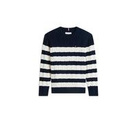 Strickpullover TOMMY HILFIGER "COTTON CABLE SWEATER", Jungen, Gr. 14 (164), dunkelblau, ivory petal stripe, Strick, Obermaterial: 100% Baumwolle, gestreift, regular fit normal, Rundhals, Bündchen, Pul