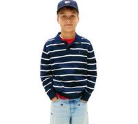 Strickpullover TOMMY HILFIGER "POLO COLLAR SWEATER LS", Jungen, Gr. 10 (140), schwarz night navy stripe, Strick, Obermaterial: 100% Baumwolle, gestreift, regular fit normal, Rundhals, eingesetzt Bündc