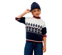Strickpullover TOMMY HILFIGER, Jungen, Gr. 12 (152), blau (ivory petal multi), Strick, Obermaterial: 100% Baumwolle, gemustert, regular fit normal, Rundhals, Bündchen, Pullover Strickpullover, Intarsi