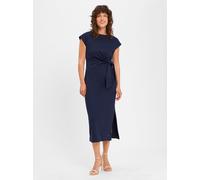 Midikleid TOMMY HILFIGER "KNOT BOAT-NK MIDI DRESS SS", Damen, Gr. XS (34), N-Gr, blau (schwarz night navy), Jersey, Obermaterial: 100% Baumwolle, unifarben, casual, figurbetont wadenlang, U-Boot-Aussc
