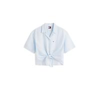 Kurzarmbluse TOMMY JEANS "TJW TIE FRONT LINEN SHIRT", Damen, Gr. S (36), light powdery blau, stripe, Web, Obermaterial: 55% Leinen, 27% Baumwolle, 18% Viskose, gestreift, lässig geschnitten taillenbed