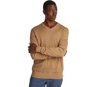 Strickpullover TOMMY HILFIGER "ESSENTIAL COTTON V NECK mit V-Ausschnitt und Stickerei", Herren, Gr. M, beige (safari canvas), Strick, Obermaterial: 100% Baumwolle, V-Ausschnitt, Rippbündchen, Pullover