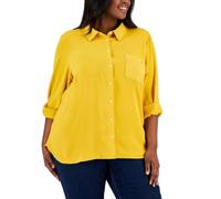 Tommy Hilfiger Langes Damenhemd mit Knopfleiste und Rolllaschen-Ärmeln, Sonnenblume, 3X