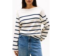 Langarmshirt TOMMY HILFIGER "LWK GOLD BUTTON BOAT-NK LS TEE", Damen, Gr. XS (34), ivory silk, schwarz night navy stp, Single Jersey, Obermaterial: 100% Baumwolle, gestreift, casual, regular fit, U-Boo