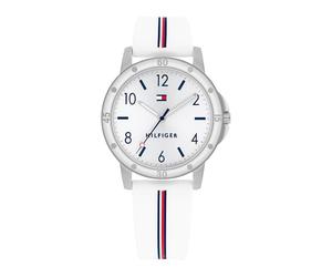 Tommy Hilfiger Mädchenuhr mit Silberfarbenem Zifferblatt, Weißem Silikonarmband, Silberfarbenem 32mm Gehäuse, 3-Zeiger-Quarzwerk, 3 ATM Wassericht - 1720014