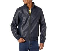 Tommy Hilfiger Men's Faux Leather Jacket光滑小羊 未填充飞行员夹克인조 가죽 봄버 재킷人造皮革飛行夾克جاكيت بومبر من الجلد الصناعيז'קט Bomber דמוי עורbomberjacke Aus Kunstleder Windbreaker, Navy, S