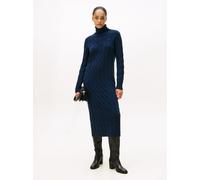 Strickkleid TOMMY HILFIGER "SOFT WOOL CABLE ROLL-NK LS DRESS", Damen, Gr. M38, N-Gr, blau (schwarz night navy), Strick, Obermaterial: 100% Wolle, unifarben, Kleider, mit Zopfmuster, aus reiner Wolle (