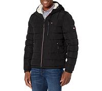 Tommy Hilfiger Herren Mittelschwere, Wasserabweisende Pufferjacke mit Sherpa-Futter und Kapuze Mantel, Black Tech, M