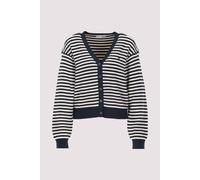 Strickpullover TOMMY HILFIGER "CO CARDI LS CARDI", Damen, Gr. M (40), fine stp ivory pet, schwarz n navy, Strick, Obermaterial: 100% Baumwolle, gestreift, regular fit, V-Ausschnitt, Pullover Strickpul