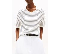 Strickpullover TOMMY HILFIGER "CO JERSEY STCH POLO V-NK S/S SWT", Damen, Gr. S (36), ivory silk, schwarz night navy fine stp, Strick, Obermaterial: 100% Baumwolle, gestreift, casual, regular fit, V-Au