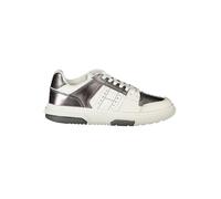 Plateausneaker TOMMY JEANS "THE BROOKLYN METALLIC", Damen, Gr. 37, grau (weiß, grau), Leder, Lederimitat, unifarben mit Farbeinsatz, sportlich, Schuhe, Freizeitschuh, Halbschuh, Schnürschuh mit seitli