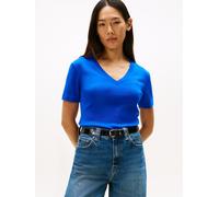 T-Shirt TOMMY HILFIGER "SLIM CODY V-NK SS mit V-Ausschnitt und Streifen", Damen, Gr. S (36), blau (cobalt), Jersey, Obermaterial: 100% Baumwolle, unifarben, slim fit hüftlang, tiefer V-Ausschnitt, abg