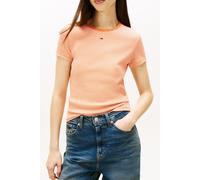 Kurzarmshirt TOMMY JEANS "TJW ESSENTIAL RIB SHORT SLEEVE EXT", Damen, Gr. XL (42), orange, ecru stripe, Single Jersey, Obermaterial: 95% Baumwolle, 5% Elasthan, gestreift, slim fit hüftlang, Rundhals,