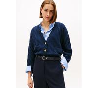 Strickjacke TOMMY HILFIGER "SOFT WOOL CABLE CARDIGAN", Damen, Gr. L (40), blau (schwarz night navy), Strick, Obermaterial: 100% Wolle, unifarben, casual, normal, V-Ausschnitt, Langarm Bündchen, Strick