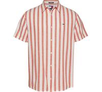 Kurzarmhemd TOMMY JEANS "TJM REG LINEN BLEND STP SS SHIRT", Herren, Gr. XL, N-Gr, beige (ecru, bright vermillion), Web, Obermaterial: 58% Baumwolle, 42% Leinen, regular fit normal, Rundhals, eingesetz