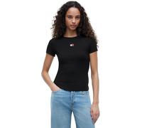 Kurzarmshirt TOMMY JEANS "TJW SLIM BADGE RIB TEE", Damen, Gr. L (40), schwarz, Single Jersey, Obermaterial: 95% Baumwolle, 5% Elasthan, unifarben, slim fit normal, Rundhals, abgesteppt, Shirts, mit ge