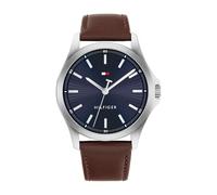 Tommy Hilfiger Bruce Herren-Armbanduhr, Blau und Braun, analog, Edelstahl und Leder, 43 mm, wasserdicht bis 3 ATM, Dornschließe, silber