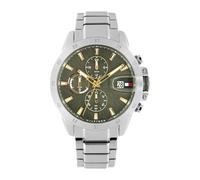 Multifunktionsuhr TOMMY HILFIGER "Jameson", edelstahlfarben, grün, Armbanduhren, Herren, Quarzuhr, Armbanduhr, Herrenuhr, Lederarmband, analog, Tag (10347015-0) edelstahlfarben, grün