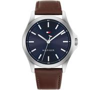 Tommy Hilfiger Bruce Herren-Armbanduhr, Blau und Braun, analog, Edelstahl und Leder, 43 mm, wasserdicht bis 3 ATM, Dornschließe, silber