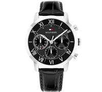 Multifunktionsuhr TOMMY HILFIGER "TH-OXFORD", schwarz, edelstahlfarben, Armbanduhren, Herren, Quarzuhr, Armbanduhr, Herrenuhr, Lederarmband, analog (50534537-0) schwarz, edelstahlfarben