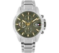 Multifunktionsuhr TOMMY HILFIGER "Jameson", edelstahlfarben, grün, Armbanduhren, Herren, Quarzuhr, Armbanduhr, Herrenuhr, Lederarmband, analog, Tag (10347015-0) edelstahlfarben, grün