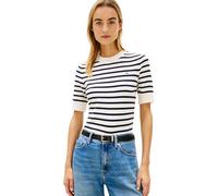 Kurzarmpullover TOMMY HILFIGER "CO JERSEY FINE GG C-NK SS SWT", Damen, Gr. XS (34), ivory petal, schwarz n navy stp, Feinstrick, Obermaterial: 67% Baumwolle, 33% Polyamid, gestreift, regular fit norma