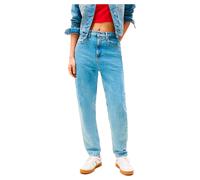 Tapered-fit-Jeans TOMMY JEANS "High waist - Mom-Jeans Tapered", Damen, Gr. 28, Länge 30, blau (denim light), Denim/Jeans, Obermaterial: 99% Baumwolle, 1% Elasthan, Abriebeffekte, Jeans, Mit Tommy Hilf