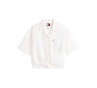 Kurzarmbluse TOMMY JEANS "TJW TIE FRONT LINEN SHIRT", Damen, Gr. M (38), ecru, Web, Obermaterial: 55% Leinen, 27% Baumwolle, 18% Viskose, unifarben, lässig geschnitten taillenbedeckt, V-Ausschnitt, ab