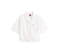 Kurzarmbluse TOMMY JEANS "TJW TIE FRONT LINEN SHIRT", Damen, Gr. S (36), ecru, Web, Obermaterial: 55% Leinen, 27% Baumwolle, 18% Viskose, unifarben, lässig geschnitten taillenbedeckt, V-Ausschnitt, ab