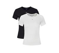 Kurzarmshirt TOMMY JEANS "TJW 2PACK SLIM ESSENTIAL RIB SS", Damen, Gr. L (40), blau (ecru, schwarz night navy), Single Jersey, Obermaterial: 95% Baumwolle, 5% Elasthan, gestreift, casual, slim fit hüf