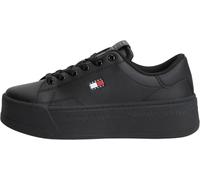 Plateausneaker TOMMY JEANS "TJW SCRIPT CUPSOLE FLATFORM", Damen, Gr. 36, schwarz, Leder, kontrastfarbene Details, unifarben, Basic, Schuhe Plateausneaker, Freizeitschuh, Halbschuh, Schnürschuh mit sei
