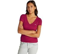 Tommy Jeans Damen T-Shirt Kurzarm Slim Essential Rib V-Ausschnitt, Rot (Brilliant Berry), XS
