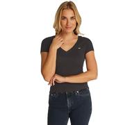 Tommy Jeans Damen T-Shirt Kurzarm Slim mit V-Ausschnitt, Schwarz (Black), L