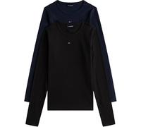 Langarmshirt TOMMY JEANS "TJW 2PACK SLIM ESSENTIAL RIB LS", Damen, Gr. XS (34), blau (schwarz, schwarz night navy), Single Jersey, Obermaterial: 95% Baumwolle, 5% Elasthan, Basic, slim fit hüftlang, R