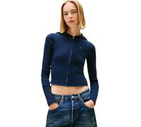Strickjacke TOMMY JEANS "TJW ESSENTIAL ZIPPER HOOD CARDI", Damen, Gr. L (40), blau (schwarz night navy), Strick, Obermaterial: 65% Baumwolle, 35% Polyamid, unifarben, regular fit taillenlang, Rundhals