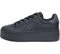Plateausneaker TOMMY JEANS "TJW FLATFORM ESS MU", Damen, Gr. 38, schwarz, Leder, Schuhe Plateausneaker, Freizeitschuh, Halbschuh, Schnürschuh mit Kontrastbesatz (99186418-38) schwarz