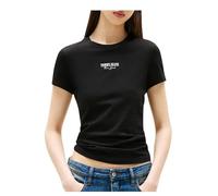 Kurzarmshirt TOMMY JEANS "TJW SLIM ESSENTIAL LOGO2 TEE EXT", Damen, Gr. XL (42), schwarz, Single Jersey, Obermaterial: 70% Baumwolle, 30% Viskose, unifarben, casual, figurbetont, Kurzarm, Shirts (9511