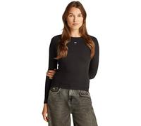 Langarmshirt TOMMY JEANS "TJW SLIM ESSENTIAL RIB LS", Damen, Gr. XS (34), schwarz, Rippware, Obermaterial: 95% Baumwolle, 5% Elasthan, unifarben, casual, slim fit hüftlang, Rundhals, Langarm eingesetz